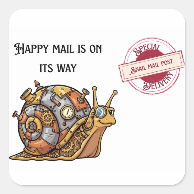 Pegatina Cuadrada Happy Steampunk Snail Mail (Anverso)