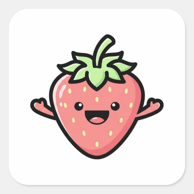 Pegatina Cuadrada Happy Strawberry – Cute Kawaii Illustration (Anverso)