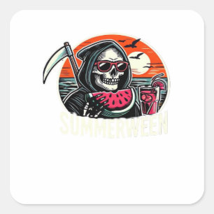 Pegatina Cuadrada Happy Summerween Grim Reaper Watermelon Summer Hal