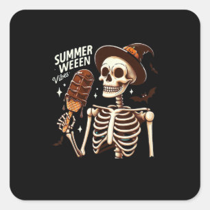 Pegatina Cuadrada Happy Summerween Vibes Skeleton IceCream Summer Ha