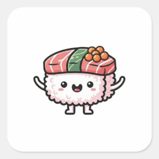 Pegatina Cuadrada Happy Sushi Slice – Cute Kawaii Illustration