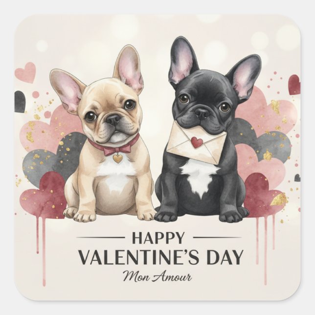 Pegatina Cuadrada Happy Valentine’s Day French Bulldog Sticker (Anverso)