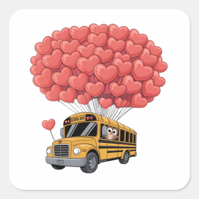 Pegatina Cuadrada Happy Valentine's Day Bus with Owl (Anverso)