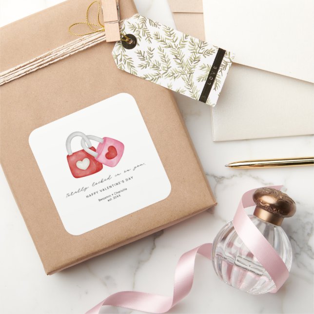 Pegatina Cuadrada Happy Valentine's Day Cute Fun Locks Hearts Custom (Regalar)