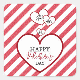 Pegatina Cuadrada Happy Valentine's Day Red Hearts Chalk Stripes