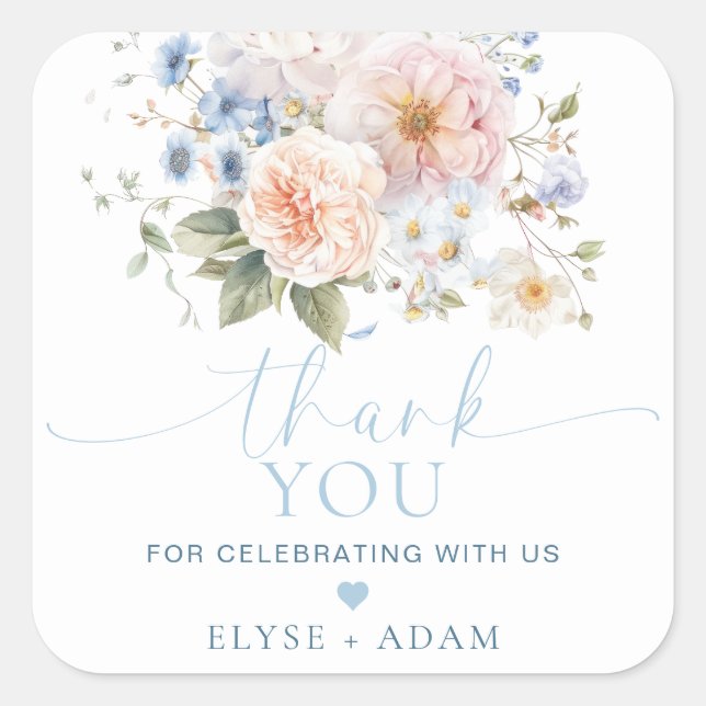 Pegatina Cuadrada Hargrove Blue Floral Favor de Agradecimiento (Anverso)