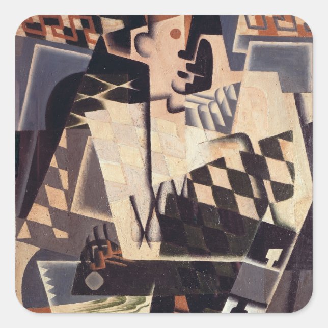 Pegatina Cuadrada Harlequin con guitarra, 1917 (Anverso)