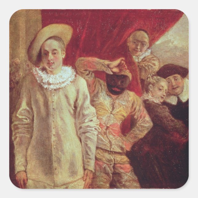Pegatina Cuadrada Harlequin, Pierrot y Scapin, Actores del Com (Anverso)