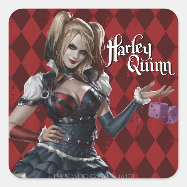 Pegatina Cuadrada Harley Quinn con dados difusos (Anverso)