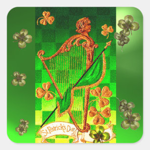 Pegatina Cuadrada HARP IRLANDÉS, VERDE GOLD SHAMROCKS St Patrick's D