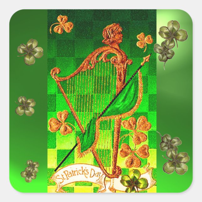 Pegatina Cuadrada HARP IRLANDÉS, VERDE GOLD SHAMROCKS St Patrick's D (Anverso)