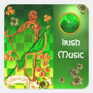 Pegatina Cuadrada HARP IRLANDÉS, VERDE GOLD SHAMROCKS St Patrick's D