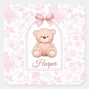 Pegatina Cuadrada Harper Diseño de guardería de osito rosado perso