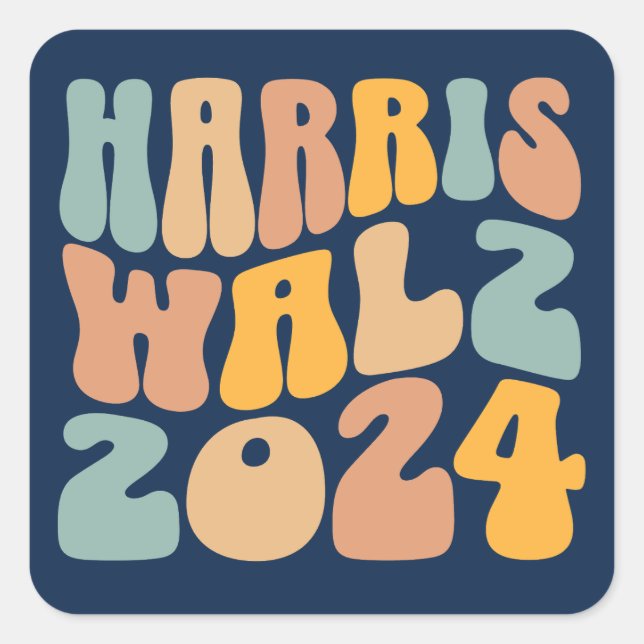 Pegatina Cuadrada Harris Walz 2024 Moda Ondulada Boho (Anverso)