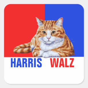 Pegatina Cuadrada Harris Walz 2024 Obviamente Cat Red Blue