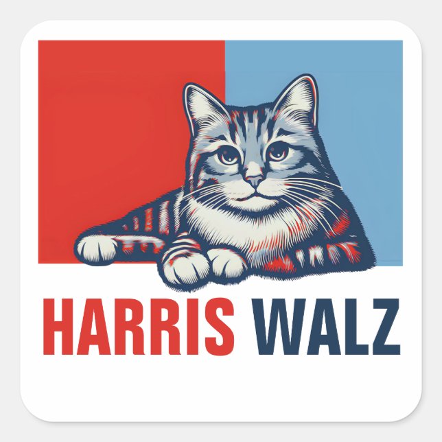 Pegatina Cuadrada Harris Walz 2024 Obviamente gato azul rojo (Anverso)