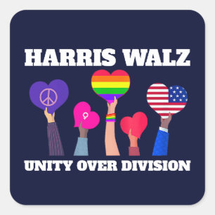 Pegatina Cuadrada Harris Walz Unity por división LGBTQ Dark Blue