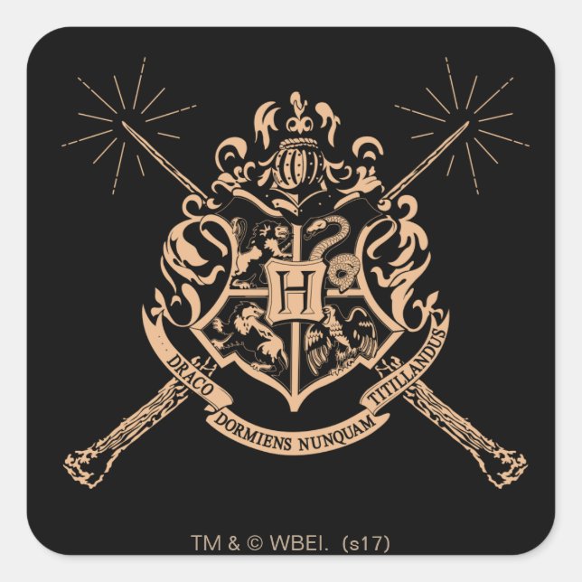 Pegatina Cuadrada Harry Potter | Escudo de Hogwarts con Varitas Cruz (Anverso)