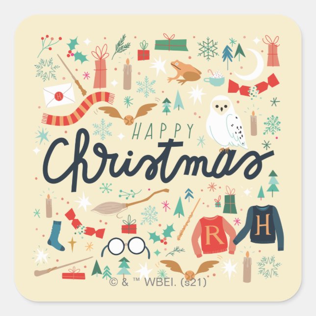 Pegatina Cuadrada Harry Potter | Feliz Navidad con Iconos Festivos (Anverso)