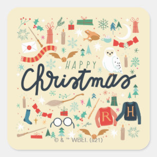 Pegatina Cuadrada Harry Potter   Feliz Navidad con Iconos Festivos