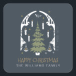 Pegatina Cuadrada HARRY POTTER™ Magical Christmas Tree<br><div class="desc">Check out this magical Harry Potter themed Christmas Tree graphic,  featuring a fir tree surrounded by stars and floating candles,  bordered by an ornate archway,  topped with a flying Cornish Pixie! Personalize by adding custom text!</div>