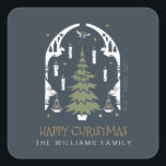 Pegatina Cuadrada HARRY POTTER™ Magical Christmas Tree<br><div class="desc">Check out this magical Harry Potter themed Christmas Tree graphic,  featuring a fir tree surrounded by stars and floating candles,  bordered by an ornate archway,  topped with a flying Cornish Pixie! Personalize by adding custom text!</div>