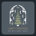 Pegatina Cuadrada HARRY POTTER™ Magical Christmas Tree<br><div class="desc">Check out this magical Harry Potter themed Christmas Tree graphic,  featuring a fir tree surrounded by stars and floating candles,  bordered by an ornate archway,  topped with a flying Cornish Pixie! Personalize by adding custom text!</div>