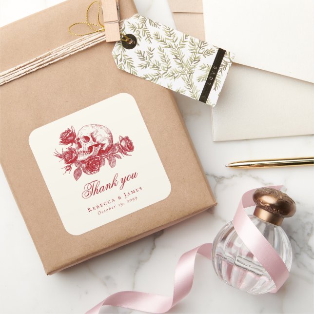 Pegatina Cuadrada Hasta la muerte Rosas del cráneo rojo Boda gótico (Regalar)