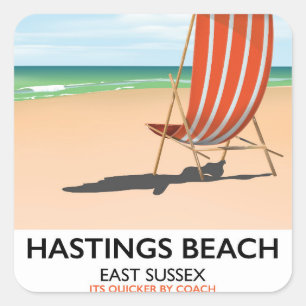 Pegatina Cuadrada Hastings Beach, poster de viajes en vintage de Eas