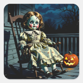 Pegatina Cuadrada Haunted Doll and Halloween Pumpkin