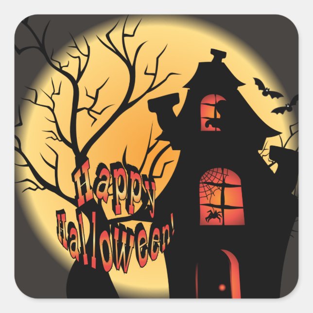 Pegatina Cuadrada Haunted House Silhouette | Feliz Halloween (Anverso)