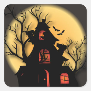 Pegatina Cuadrada Haunted House Silhouette   Halloween