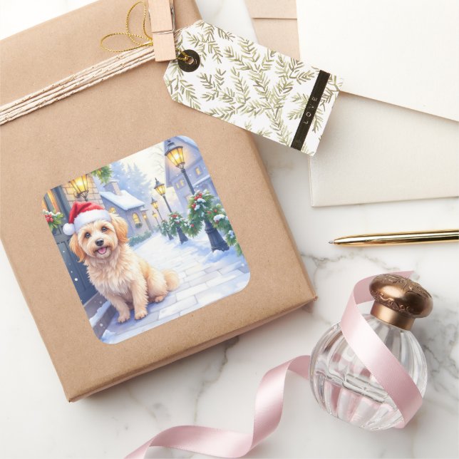 Pegatina Cuadrada Havanese Snowy Village Walk Santa Hat Christmas (Regalar)