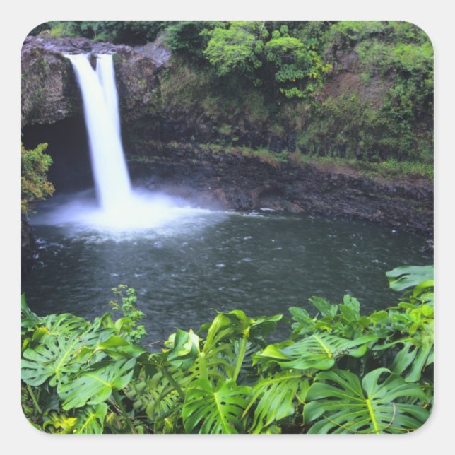 Pegatina Cuadrada Hawái, Isla Grande, Hilo, Cataratas del Arcoíris,  (Anverso)