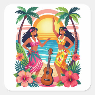 Pegatina Cuadrada Hawaiano Hula Atardecer Playa Baile Tropical Arte
