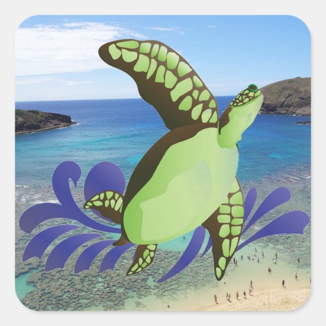 Pegatina Cuadrada Hawaii Hanauma Bay Oahu Turtle (Anverso)