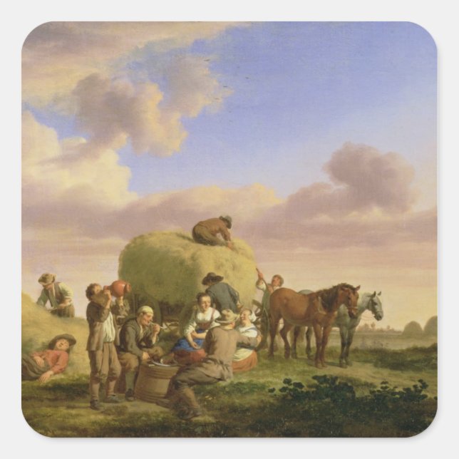Pegatina Cuadrada Haymakers descansando en un campo (Anverso)