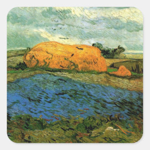 Pegatina Cuadrada Haystacks Under a Rainy Sky de Vincent van Gogh