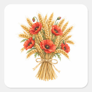 Pegatina Cuadrada Haz de trigo con amapolas rojas