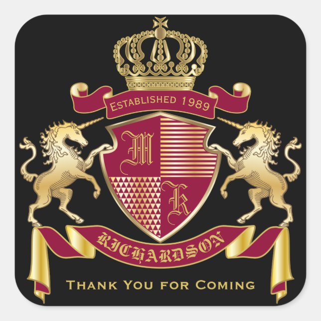 Pegatina Cuadrada Haz tu propio escudo de armas rojo oro emblema de  (Anverso)