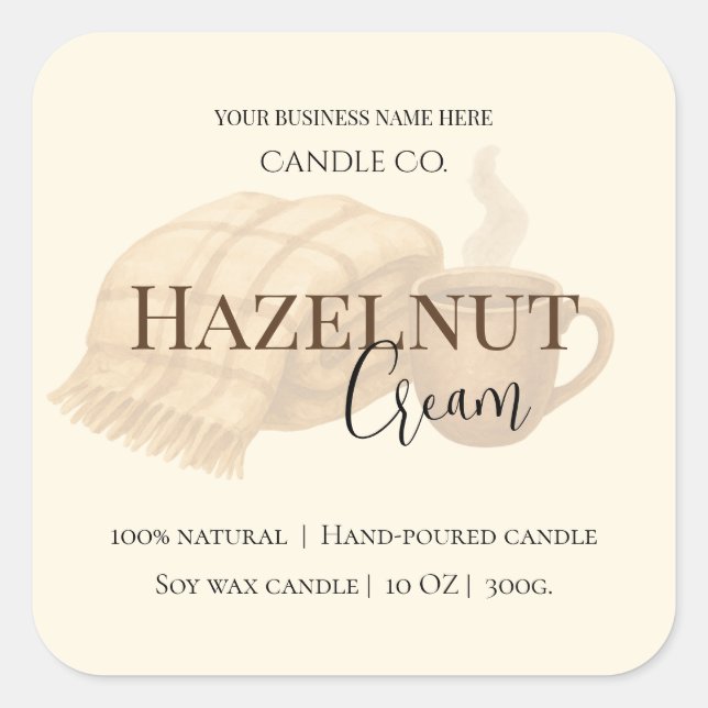 Pegatina Cuadrada Hazelnut Cream | Cozy Neutral Soy Candle Label (Anverso)