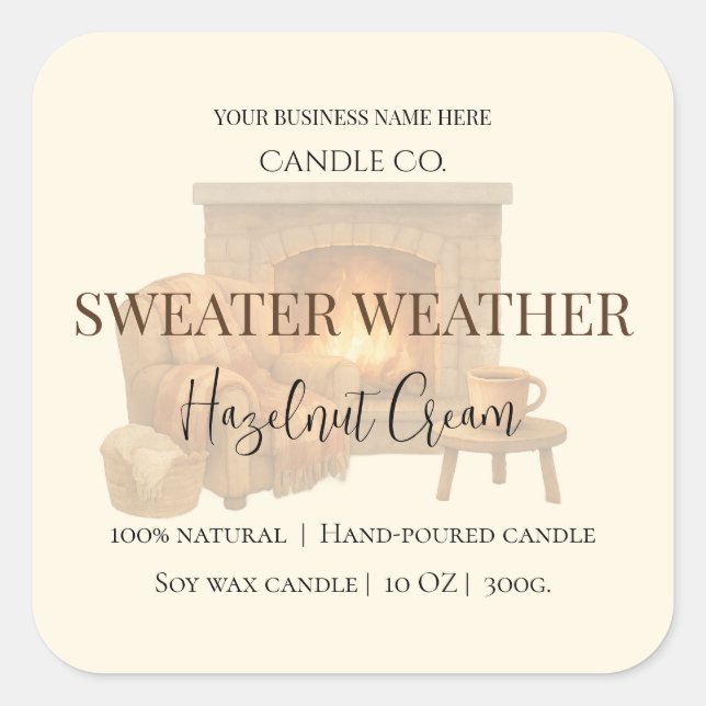 Pegatina Cuadrada Hazelnut Cream | Cozy Neutral Soy Candle Label (Anverso)