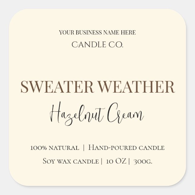 Pegatina Cuadrada Hazelnut Cream | Cozy Neutral Soy Candle Label (Anverso)