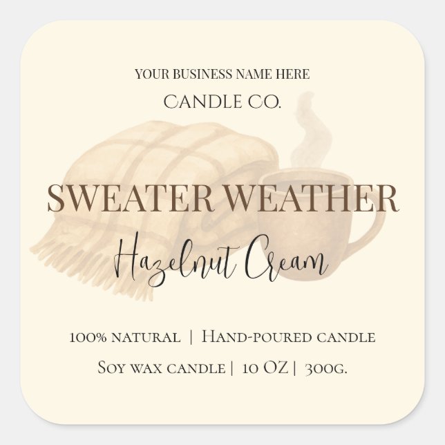Pegatina Cuadrada Hazelnut Cream | Cozy Neutral Soy Candle Label (Anverso)