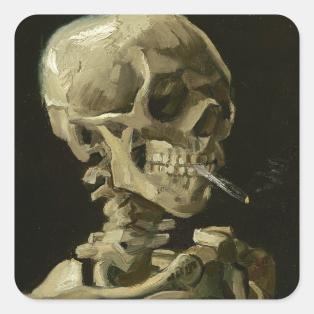 Pegatina Cuadrada Head of a skeleton with a burning cigarette (Anverso)