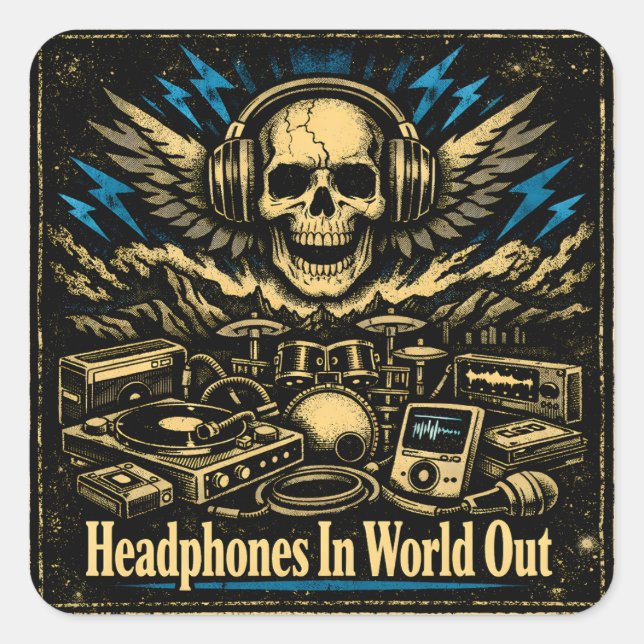 Pegatina Cuadrada Headphones In World Out – Music Escape Zone (Anverso)