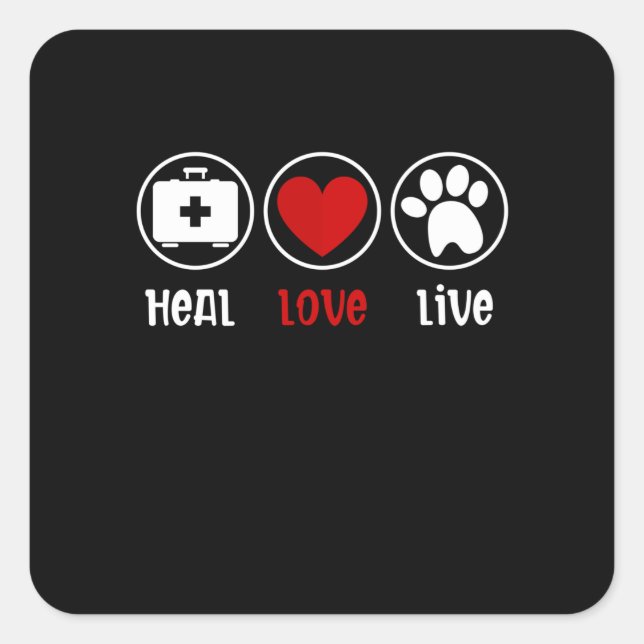 Pegatina Cuadrada Heal Love Live Vet Tech, técnico veterinario (Anverso)
