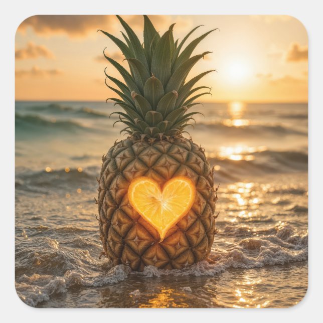 Pegatina Cuadrada Heart Carved Into a Pineapple On a Beach (Anverso)