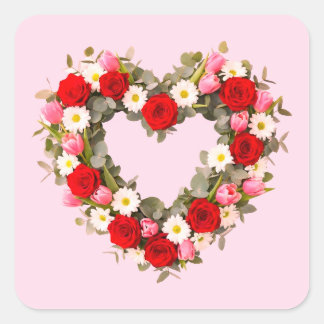 Pegatina Cuadrada Heart Shaped Floral Wreath Roses Daisies Tulips