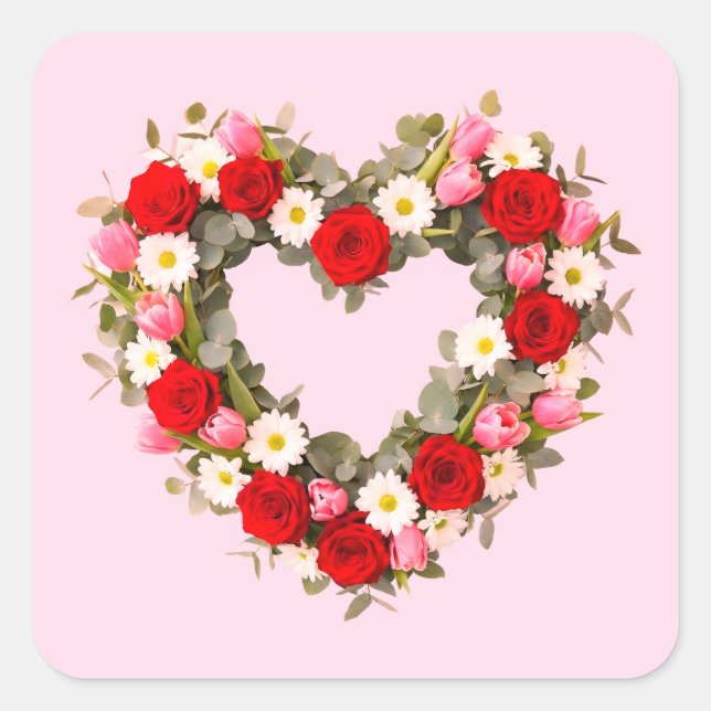 Pegatina Cuadrada Heart Shaped Floral Wreath Roses Daisies Tulips (Anverso)